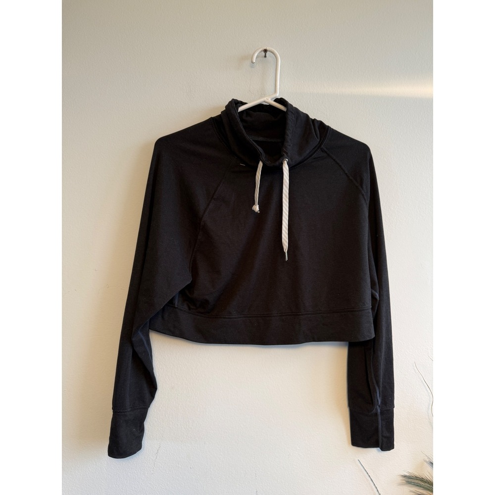 Vuori Womens Black Cropped Funnel Neck Drawstring‎ Pullover Raglan Sweatshirt
